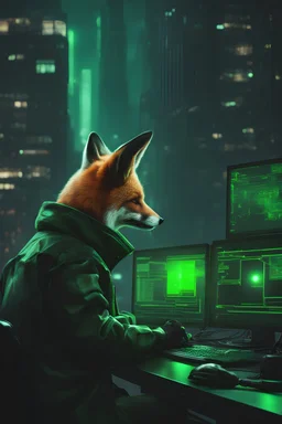 realistic fox Hacker using a server computer green light in cyberpunk scenario green lights without glasses in the top of building