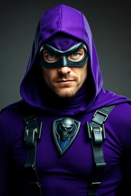 The Phantom - A Real-life portrait of a photorealistic man with piercing blue eyes, a chiseled jaw, goatee, timeless face, stern expression, Wearing a tight fitting purple cotton hero suit with a cowl that fits tight to his head, but does not cover his face, he wears a thin, black leather, bandit eye disguise over his eyes, black and blue diagonally striped trunks, dual-holstered pistol belt adorned with a triangle skull-shaped buckle with leg straps, Knee-high black leather boots.