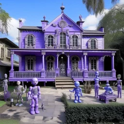 A light purple mansion with voodoo dolls painted by Alan Sorrell
