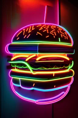 genera un cartel luminoso neón en forma de hamburguesa