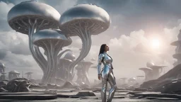 three-quarter-worms-eye view of a woman in a silver robotic catsuit standing in a futuristic derelict city with mushrooms with tentacles, floating in the sky