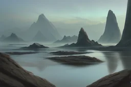 mist, rocks, lagoon reflection, clouds, distant city, person, sci-fi, epic