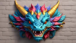 3d render, traditional dragon head on the wall, front view, kawaii chibi, filled with bright hues and intricate Graffiti design, 3d octane render, inspired by Xuande Emperor, ((simple background)), intricate details, ultra-realistic, best quality, high-res, ultra-detailed, extremely clear, absurd res, detailed lighting,