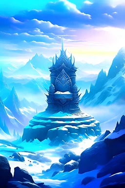 a king's throne, at mountaintop, cold and snowy, godly weather, high power, deity aesthetic