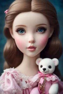 a close up of a doll holding a teddy bear, artdoll, brown hair, realistic cute girl painting, anime barbie doll, carlos ortega elizalde, doll, kawaii realistic portrait, portrait of barbie doll, young girl, cute pocelain doll, by nicoletta ceccoli, barbie doll, beauty girl, beautiful and realistic face, beautiful fantasy art portrait, cute young girl