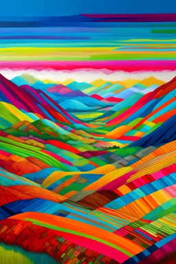 A vast landscape adorned with a (((vibrant patchwork))), representing stripes of colorful cloth, artfully woven across the contours of the ((softly sloping mountains)), creating a canvas of vivid contrast and optically pleasing harmony