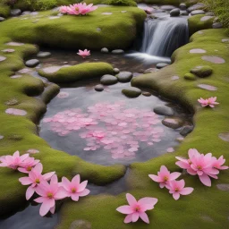 Round pond with lots of water, moss-covered stones all around and the water has a delicate pink shimmer, a few delicate pink flowers on the stones and a small waterfall