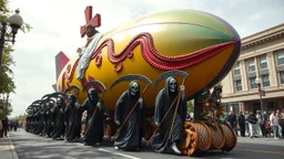 cartoonish jesus parade blimp hybrid , pulled by multiple grim reapers, multi colored, bright, vivid, psychedelic, high detailed, high gloss, insanely detailed, matte, horrorcore, lining the street, unsettling contrast, monument to death, live action shot grim reaper parade, pulling a jesus parade float
