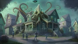 a lovecraftian group of alien overlords attack neighborhood houses