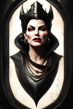 painting of evil queen in black leather, angry, strong, volouptous, busty, cleavage, emperious, mature, highly detailed, digital painting, artstation, concept art, smooth, sharp focus, illustration, art by gaston bussiere and alphonse mucha