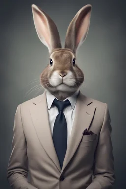 Rabbit dressed in an elegant suit with a nice tie. Fashion portrait of an anthropomorphic animal posing with a charismatic human attitude