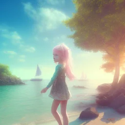 Little girl day, sunny, relaxing, sea, trees, real details anime style, realistic, glowing beach, 8k, octane render