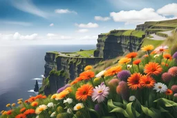realistic cliffs of moher blue sky panoramick view flowers
