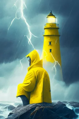 portrait of dead seafarers face sitting in yellow raincoat on rocks beneath an unreal bright white lighthouse, storm clouds, volumetric fog, lightening, volumetric light,depth of field, fantasy art, 4k, highly detailed, sunbeam