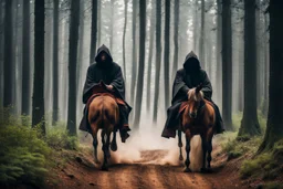 hooded monk on horseback in the forest