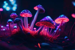 : red and purple bioluminescent Ecplorations shrooms planted in a small thicket of grass, LSD, psychedelic, macro shot, tilt-shift, depth of field, photorealistic, hyper-realistic, glowing light, dark