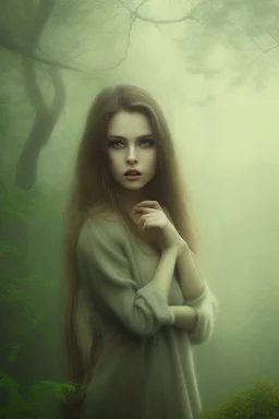 Beautiful pretty girl in picture in foggy forrest afternoon, 8k resolution, super hd detail realístic, fantasy