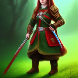 Halfling, woman, full body, red braid hair, adventurer, green eyes, magic