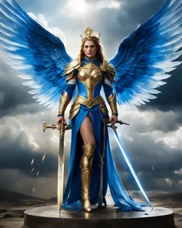 Length image An photography epic and realistic photography full body image of, a beautiful queen, a film character with large white wings, holding a shining blue sword, wearing colors armor with gold details,luxury booth shoes, against a background of a cloudy sky with sunlight breaking through the darkness clouds,thunderstorm, in a stand dramatic pose, looking like a hero ready for an epic adventure.