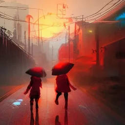 girls playing under the rain, at sunset, high details, color orange to red, cyberpunk style, in space