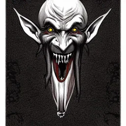 Nosferatu vampire with white skin and horns on the jaw with giant mouth full of fangs