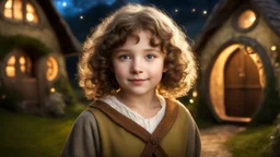 Little very young hobbit girl, beautiful, confident, calm, wise, happy, innocent, facing camera, head and shoulders, curly hair, hobbit clothing, perfect eyes, LOTR village, hobbit homes with circular windows and circular doors, night scene, stars, fireflies, 16k artistic photography, exquisite composition, photorealistic concept art, soft natural volumetric light, chiaroscuro, award-winning photograph, masterpiece, style William-Adolphe Bouguereau