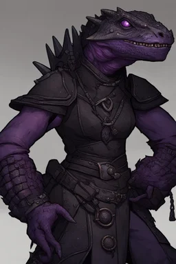 a black and purple female argonian artificer who uses Tesla coils as weapons