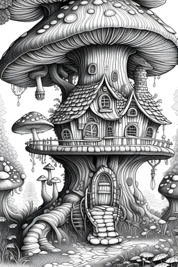 mushroom tree house in the forest Coloring Book for Adults and Kids, Instant Download, Grayscale Coloring Book