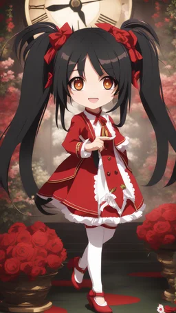 Tokisaki Kurumi appears to be elegant and has very polite manners, ivory skin and long, evil smile, crazy smile, black hair usually tied in long twin tails, deferent Eyes colors, right eye is red-tinted color, left eye appears as a golden color, inorganic clock face, a girl with astonishing beauty, wearing her astral black and red dress 'Elohim', left golden eye, intricate details, highly detailed, date a live anime art style