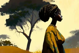 Design, African woman, oil painting, featureless, graphic, drawing without facial features, background, sky, trees, traditional clothes