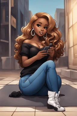 Create a urban culture art of a black chibi curvy female sitting on the floor looking at her cell phone. She is wearing tight blue jeans and a black off the shoulder blouse. Prominent make up with lush lashes. Highly detailed wavy ombre blonde and brown long hair. She is also wearing silver large hoop earrings