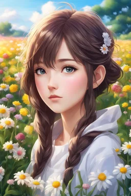 a girl standing in a field of flowers, medium view face, beautiful anime portrait, realistic anime art style, beautiful anime art style, realistic cute girl painting, beautiful anime art, stunning anime face portrait, high quality, 4k