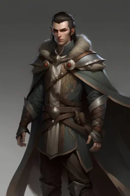 male high elf ranger wearing leather jerkin, a gray cloak and a mantle of brown feathers