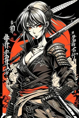 anime girl, Ronin, design for shirt, in the style of Masamune Shirow