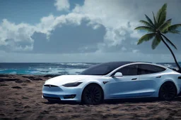 A Tesla 'Model 3' is racing at top speed, at the beach of Waikiki in Hawaii. CINEMATIC. WIDE ANGLE LENS. PHOTO REAL.