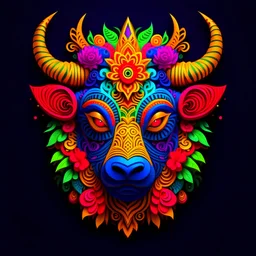 logo design, complex, trippy, bunchy, 3d lighting, Buffalo, highly detailed face,, colorful floral scarf, cut off, ancient, symmetrical, papercut