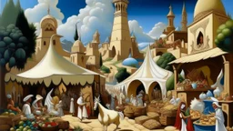 A white Arabian kingdom with a bazaar painted by Thomas Hart Benton