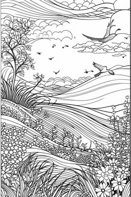 freedom, coloring book page, simple and clean line art, adult drawing book, low details, black and white, crisp black lines, no shades, sharp lines, coloring book for adults, cartoon style, landscape