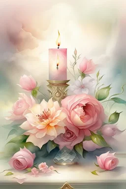 MAGIC A PYRAMID CANDLE IS BURNING AROUND WONDERFUL FLOWERS English watercolor, Smoky cream, pale gray, pale pink, pink background. bright light, a bouquet of roses on the table are pale pink, pale bordeaux, white, ochre. green stems, the light is translucent. Watercolor, fine ink drawing, peonies in an hourglass, elegant gold inlay, rich interior