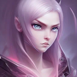 crystal blue eyes, and dark pink hair, teardrop shaped eyebrows, woman, angry expression, anime style, pointy ears