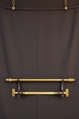 darker textured hanging fabric background with decorative brass corners at top, and a wide decorative brass bar clamped across the bottom