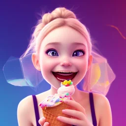 cute, adorable, smiling girl eating ice cream, candies flying all around her, Pixar, disnet, cinema lighting, gaming, 8k, magic, love --q 1 --v 4 mdjrny-v4