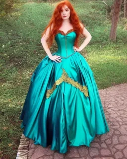 Magic princess with long auburn hair in a big teal green and gold satin ballgown corset off shoulder top casting magic