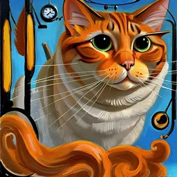 Orange longhairs cat with a clock, surrealism in the style of Salvador Dali