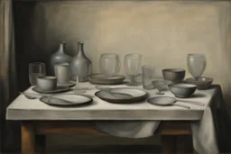 Dishes and glasses on a table in the style of Vilhelm hammerschoi