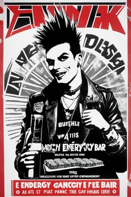 advertisement poster of a British punk selling an energy bar to eat, with the iconic Anarchy logo