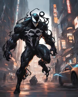Venom mix with machine in solo leveling shadow artstyle, cyberpunk them, intricate details, highly detailed, high details, detailed portrait, masterpiece,ultra detailed,best quality