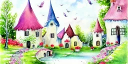 exquisite whimsical village watercolor, delicate village, cute, adorable, linen backdrop