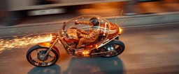 sparks flying, seen from above, tattoo style, motion blur, airbrush art, elon musk riding inside an awesome trike spaceship in copper, fast one in the shape of a transparent snail , now its gonna do an awesome gig , bokeh like f/0.8, tilt-shift lens 8k, high detail, smooth render, down-light, unreal engine, prize winning