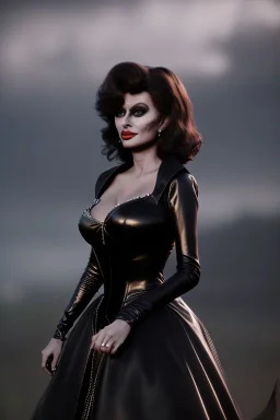 young sophia loren as evil queen in black leather, angry, stern look, volumetric lighting, particales,highly detailed,cinematic, deep colours,8